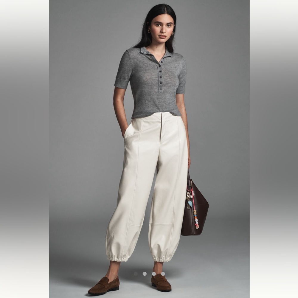 Anthropologie Cream Wide Leg Pants, Faux-Leather Clean Seam Balloon Pants